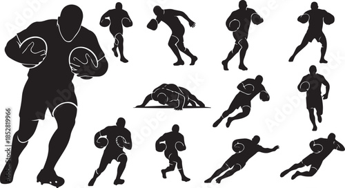Rugby player silhouettes in action poses