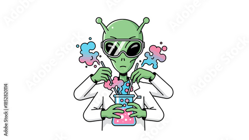 Alien scientist in lab coat and goggles experiments with colorful liquids