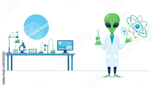 Alien scientist in lab coat with atomic structures