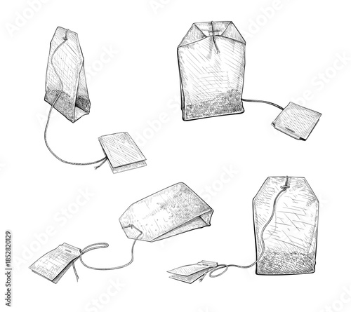 Set of tea bags with label tag. Vector hand drawn illustration of rectangle shaped tea bag with tab. Black and white sketch of brewing container isolated on white background. Menu design element