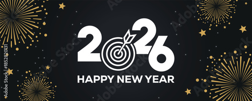 Festive black banner with bold white 2025 Happy New Year typography, surrounded by elegant golden fireworks and sparkling stars, perfect for holiday greetings, celebrations, party invitations.