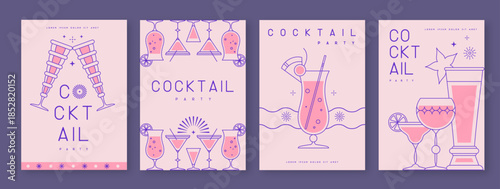 Set of line art holiday cocktail party posters with cocktail and champagne glasses. Restaurant menu design. Vector illustration