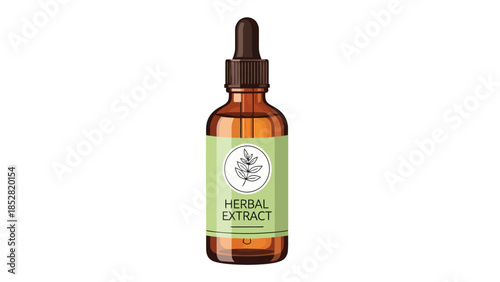 Amber glass dropper bottle with a light green label and a drawing of leaves