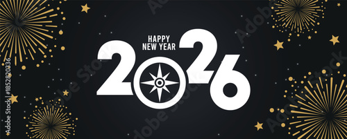 Festive black banner with bold white 2025 Happy New Year typography, surrounded by elegant golden fireworks and sparkling stars, perfect for holiday greetings, celebrations, party invitations.
