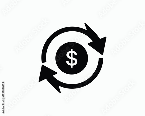 Black icon representing dollar currency exchange or money circulation with arrows vector illustration