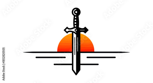 Sword silhouette with sunset background symbol of strength and warfare