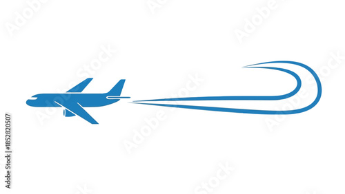 Blue airplane in flight leaving a stylized trail