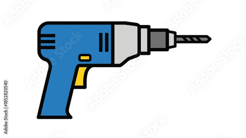 Blue and grey power drill with a black drill bit