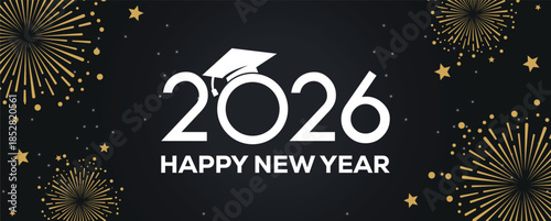 Festive black banner with bold white 2025 Happy New Year typography, surrounded by elegant golden fireworks and sparkling stars, perfect for holiday greetings, celebrations, party invitations.