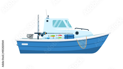 Blue fishing boat with fishing gear and lures