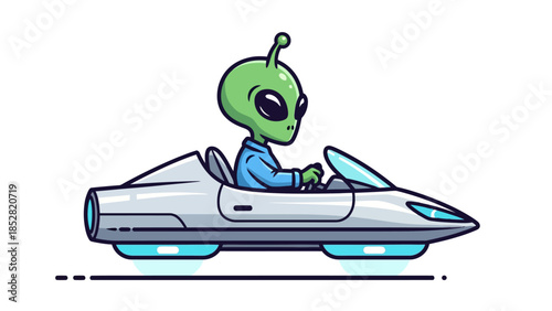 Cartoon alien driving a futuristic hovercar