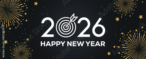 Festive black banner with bold white 2025 Happy New Year typography, surrounded by elegant golden fireworks and sparkling stars, perfect for holiday greetings, celebrations, party invitations.