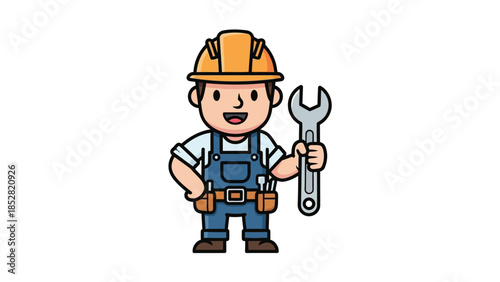 Cartoon construction worker with hard hat and wrench