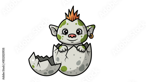 Cartoon creature hatching from a cracked eggshell