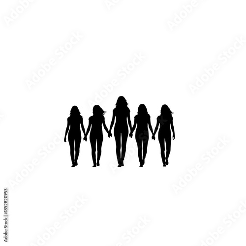 Silhouettes of five women holding hands isolated on transparent background
