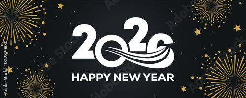 Festive black banner with bold white 2025 Happy New Year typography, surrounded by elegant golden fireworks and sparkling stars, perfect for holiday greetings, celebrations, party invitations.