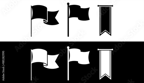 Collection of black and white flags and banners