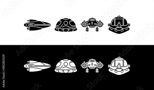 Futuristic spacecraft and robots icons in black and white