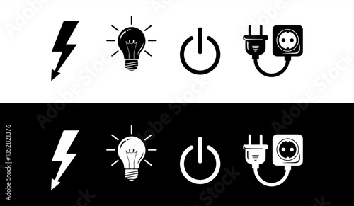 Electricity icons set with power symbols and light bulb