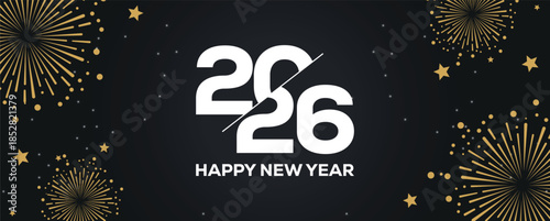 Festive black banner with bold white 2025 Happy New Year typography, surrounded by elegant golden fireworks and sparkling stars, perfect for holiday greetings, celebrations, party invitations.