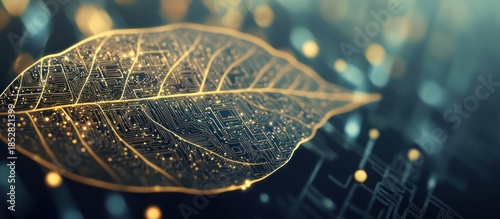 Wallpaper Mural Golden glowing circuit board leaf, a vibrant fusion of nature and technology, symbolizing bio-tech innovation and digital sustainability. Torontodigital.ca