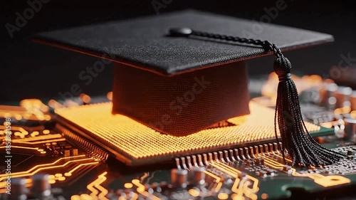 Graduation mortarboard cap resting on a glowing computer processor chip symbolizing technology education achievement