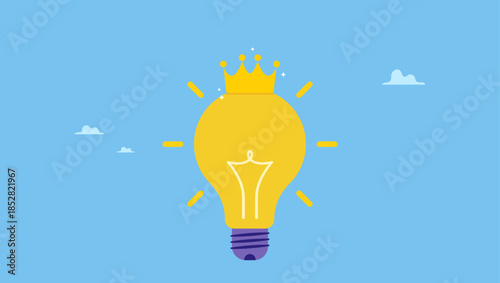 Shiny lightbulb idea lamp wearing golden crown. Great and brilliant idea, creative genius or winner idea for business development.