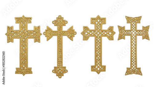 Four Ornate Golden Crosses Displayed Together.