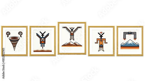 Five Native American Art Prints Depicting Spiritual Figures and Symbols.