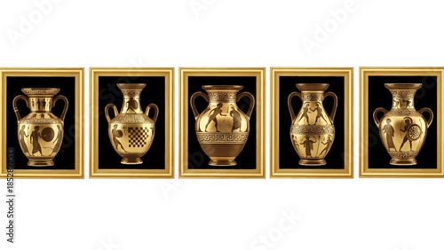 Five antique golden amphora vases displayed in frames.
