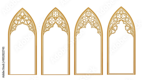 Gothic Arch Window Frames Ornate Golden Decorative Elements.