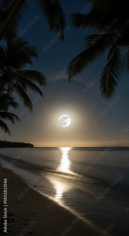 Obraz premium Serene beachfront illuminated by a radiant full moon under tranquil tropical sky