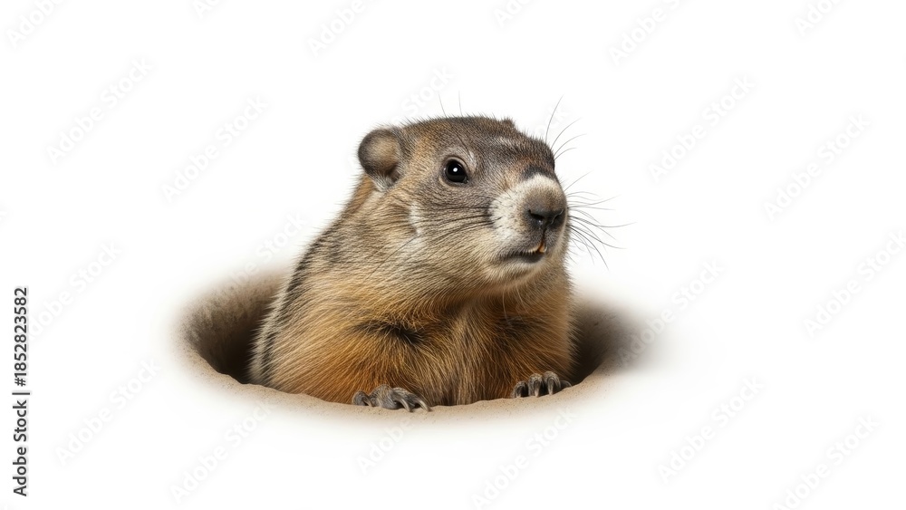Fototapeta premium A charming groundhog peeks out of its burrow, set against a plain white background.