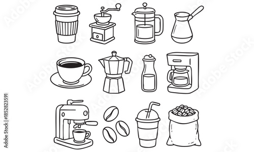 Coffee Brewing Methods Icons Set - Moka Pot Grinder French Press Vector Pack