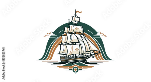 Vintage sailing ship illustration with ornate details and a decorative frame