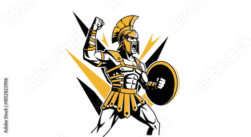 Warrior illustration with shield and helmet against white background