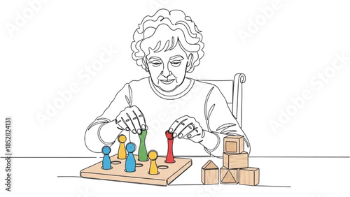 High-quality black continuous line art of senior practicing fine motor skills with pegs or blocks, occupational therapy, hand coordination, elderly rehabilitation, healthcare wellness illustration