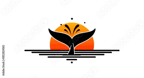 Whale tail silhouette against the orange sun minimalist design