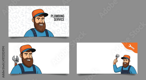 Professional plumber character with beard and cap holding tools in various poses for a plumbing service advertising banner template.
