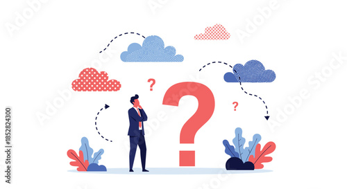 Businessman in a suit standing next to a large red question mark and thinking under floating clouds and arrows.