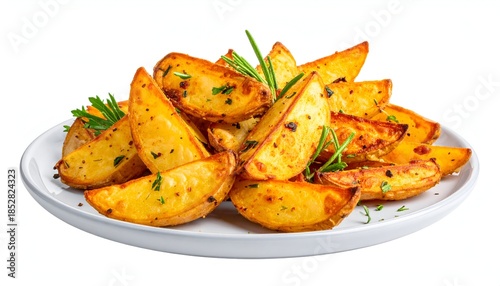 Golden, crispy potato wedges garnished with herbs on a white plate, isolated