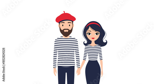 Man and woman in matching striped shirts and berets holding hands in a classic French style illustration against a white background.