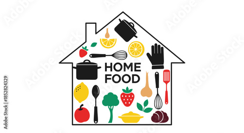House shaped silhouette filled with various food items and kitchen tools for a home cooking or grocery delivery logo.