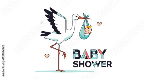 Classic stork bird flying and delivering a baby in a blue bundle for a baby shower announcement illustration on a white background.