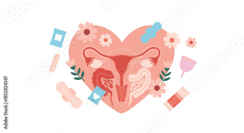 Female reproductive system inside a heart shape surrounded by hygiene products like pads, tampons, and menstrual cups for women health.
