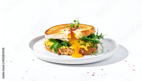 Golden egg yolk spills from a toasted sandwich, layered with greens on a white plate