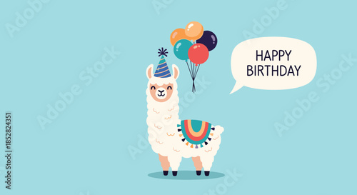 Adorable llama character wearing a party hat and holding colorful balloons with a Happy Birthday speech bubble.