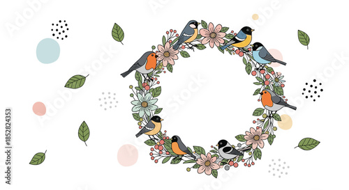 Beautiful floral wreath with colorful small birds perched on branches surrounded by green leaves and floating decorative elements.