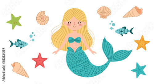 Cute blonde mermaid character swimming with various colorful fish, starfish, and seashells in a white ocean background.
