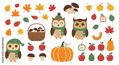 Autumn season icon set featuring cute owls with scarves, colorful falling leaves, pumpkins, apples, mushrooms, and harvest basket.